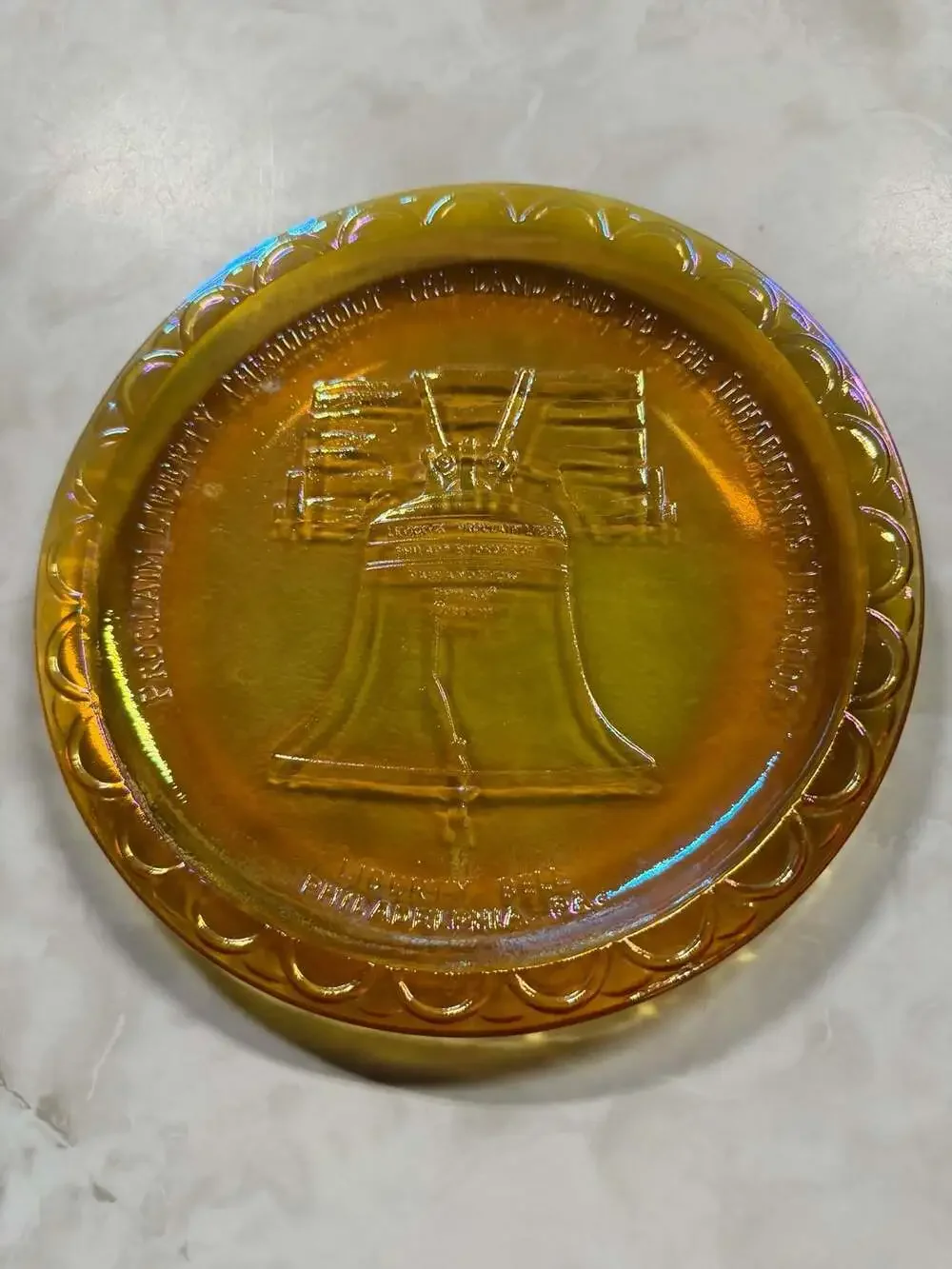 Vintage 1976 Indiana Glass Bicentennial Liberty Bell Marigold Iridescent Carniva